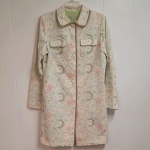 Janeville Light Weight Trench Coat Floral w/Flower Buttons Retro! Sz Medium
